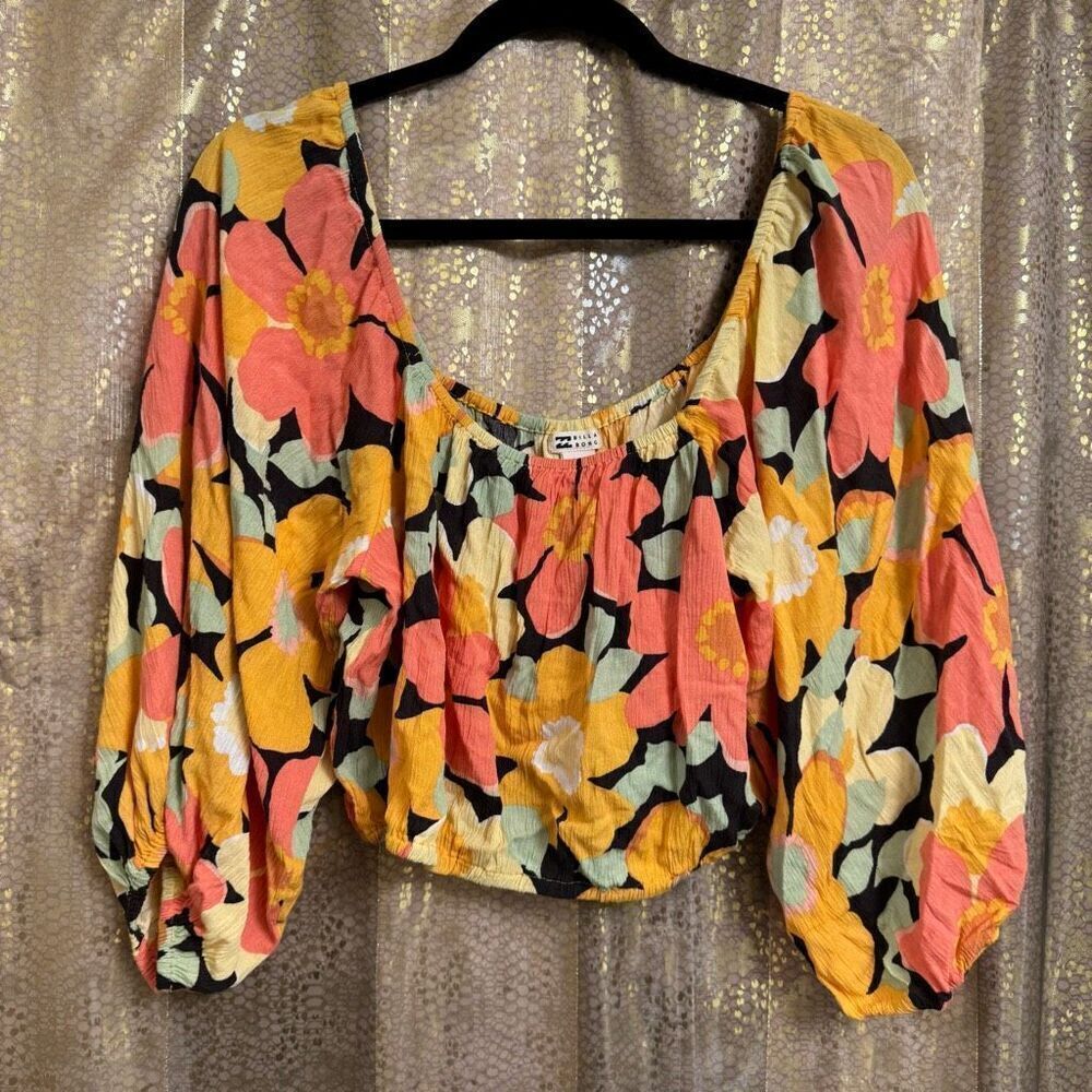 Billabong Yellow Orange Pink Floral Sun City Puff‎ Sleeve  Crop Blouse Large